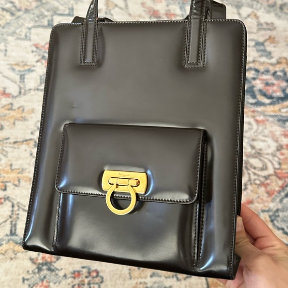 Authentic Salvatore Ferragamo Handbag Gancini Leather Brown Bag Vintage - Picture 2 of 16